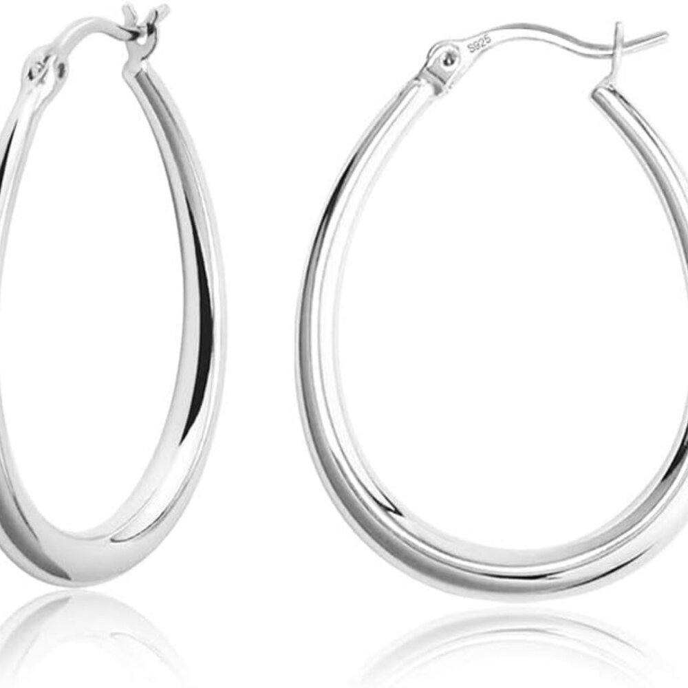 Silver Oval Hoop Earrings Hypoallergenic 14K Gold Plated Sterling Silver Lightwe